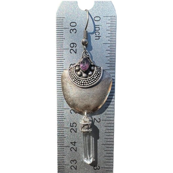 Vintage Sterling 925 Silver & Amethyst Dangle Earrings With Quartz Accents - Picture 4 of 10